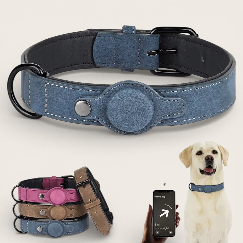 Elegantes Hundehalsband aus veganem Leder mit Tracker-Halterung